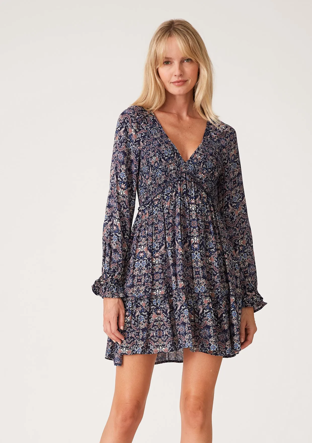 Paisley Floral Long Sleeve Smocked V Neck Tunic