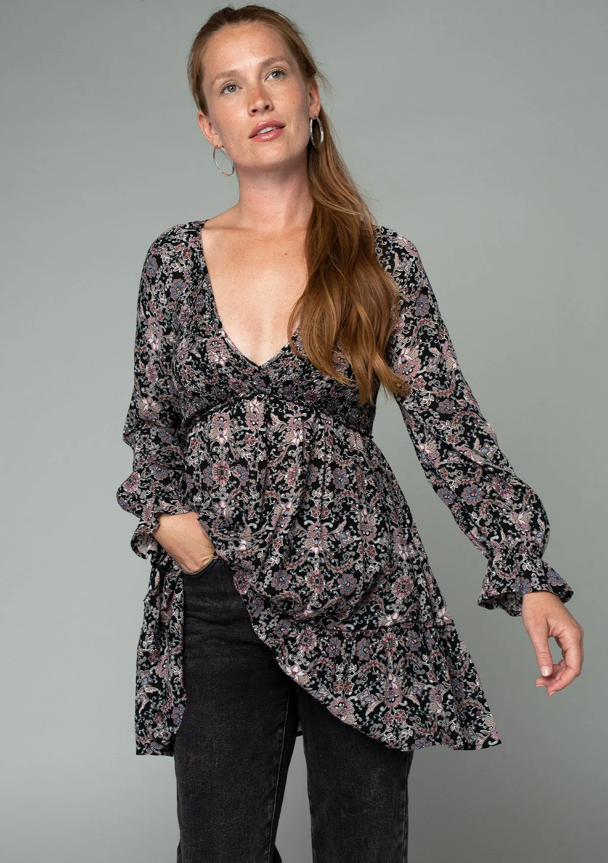 Paisley Floral Long Sleeve Smocked V Neck Tunic