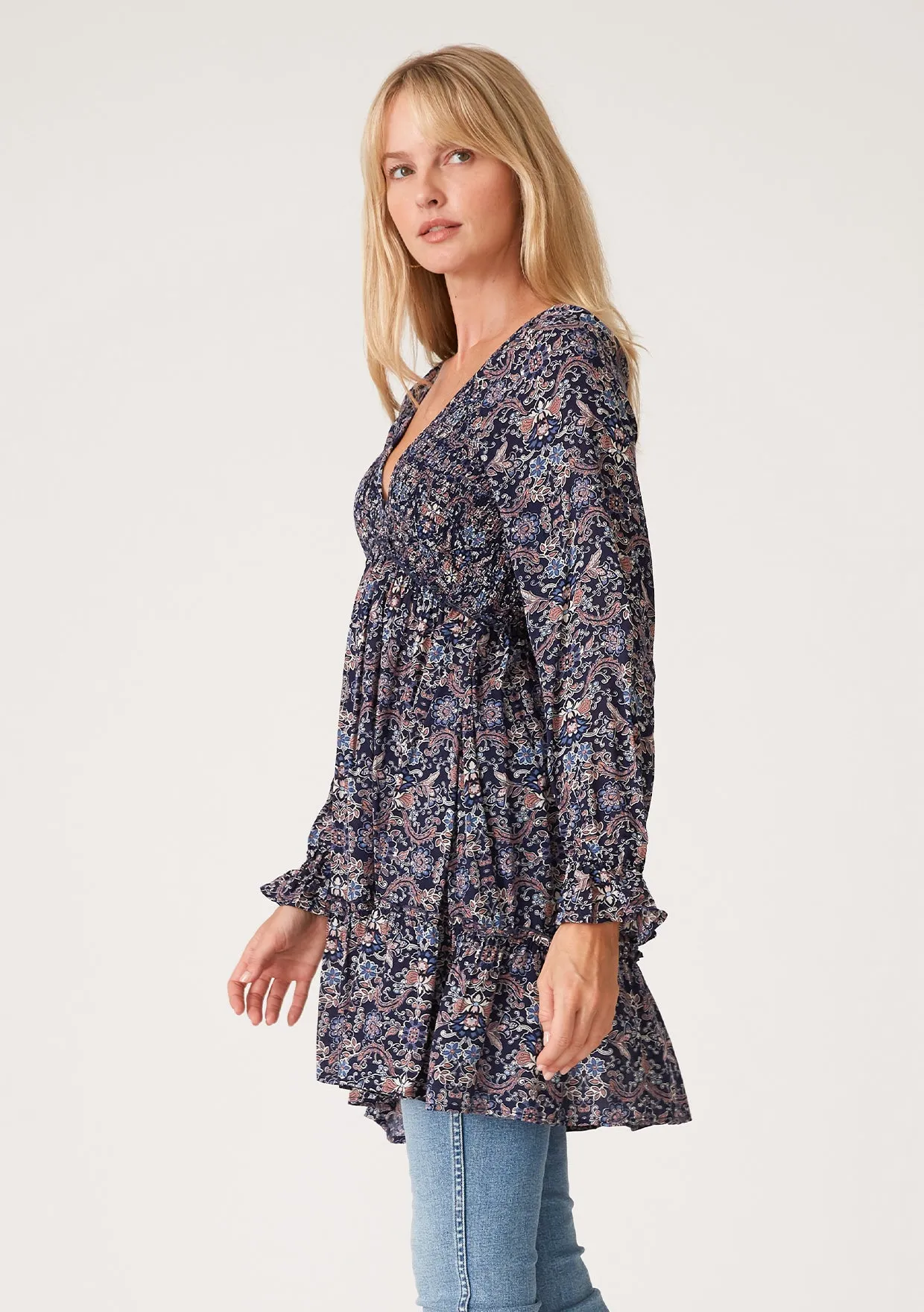 Paisley Floral Long Sleeve Smocked V Neck Tunic