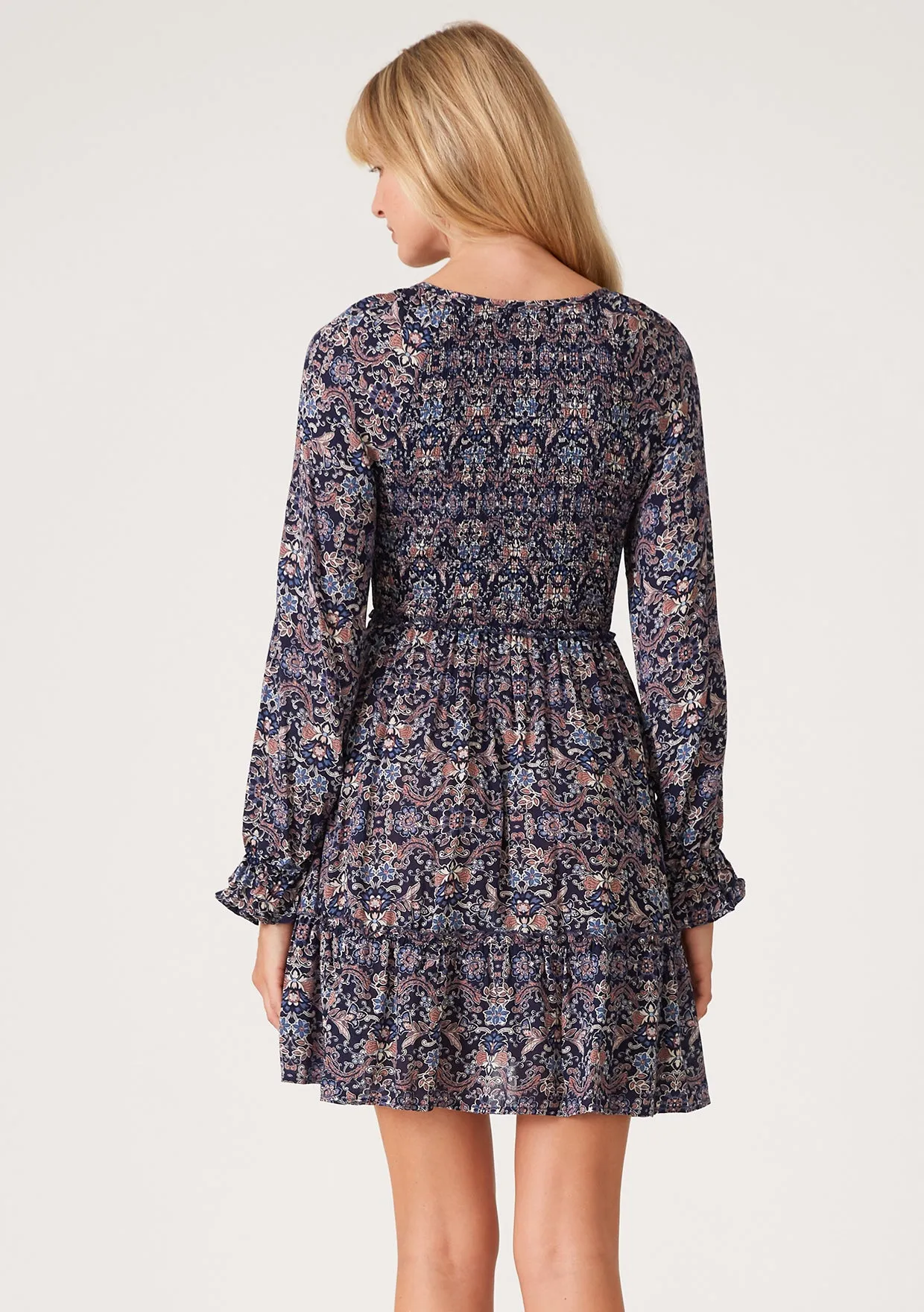 Paisley Floral Long Sleeve Smocked V Neck Tunic