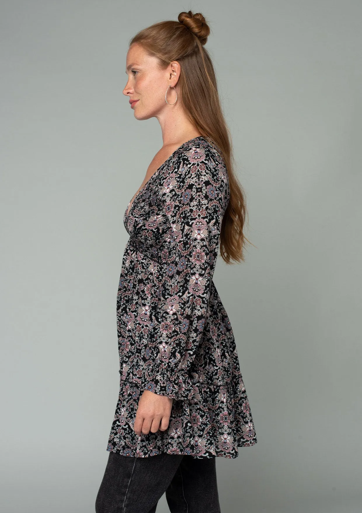 Paisley Floral Long Sleeve Smocked V Neck Tunic