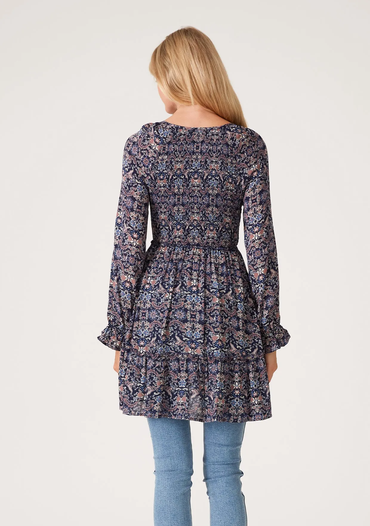 Paisley Floral Long Sleeve Smocked V Neck Tunic