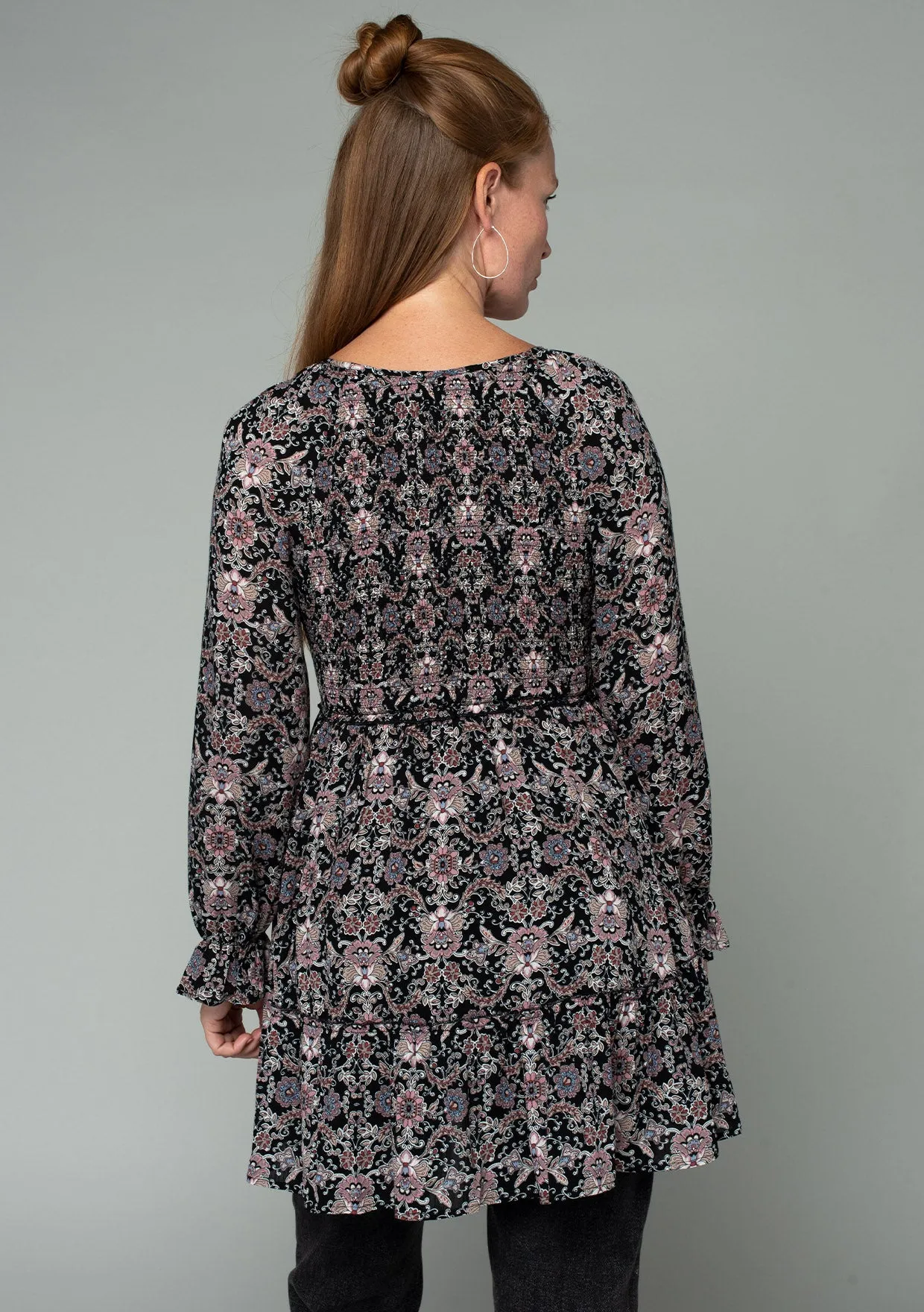 Paisley Floral Long Sleeve Smocked V Neck Tunic