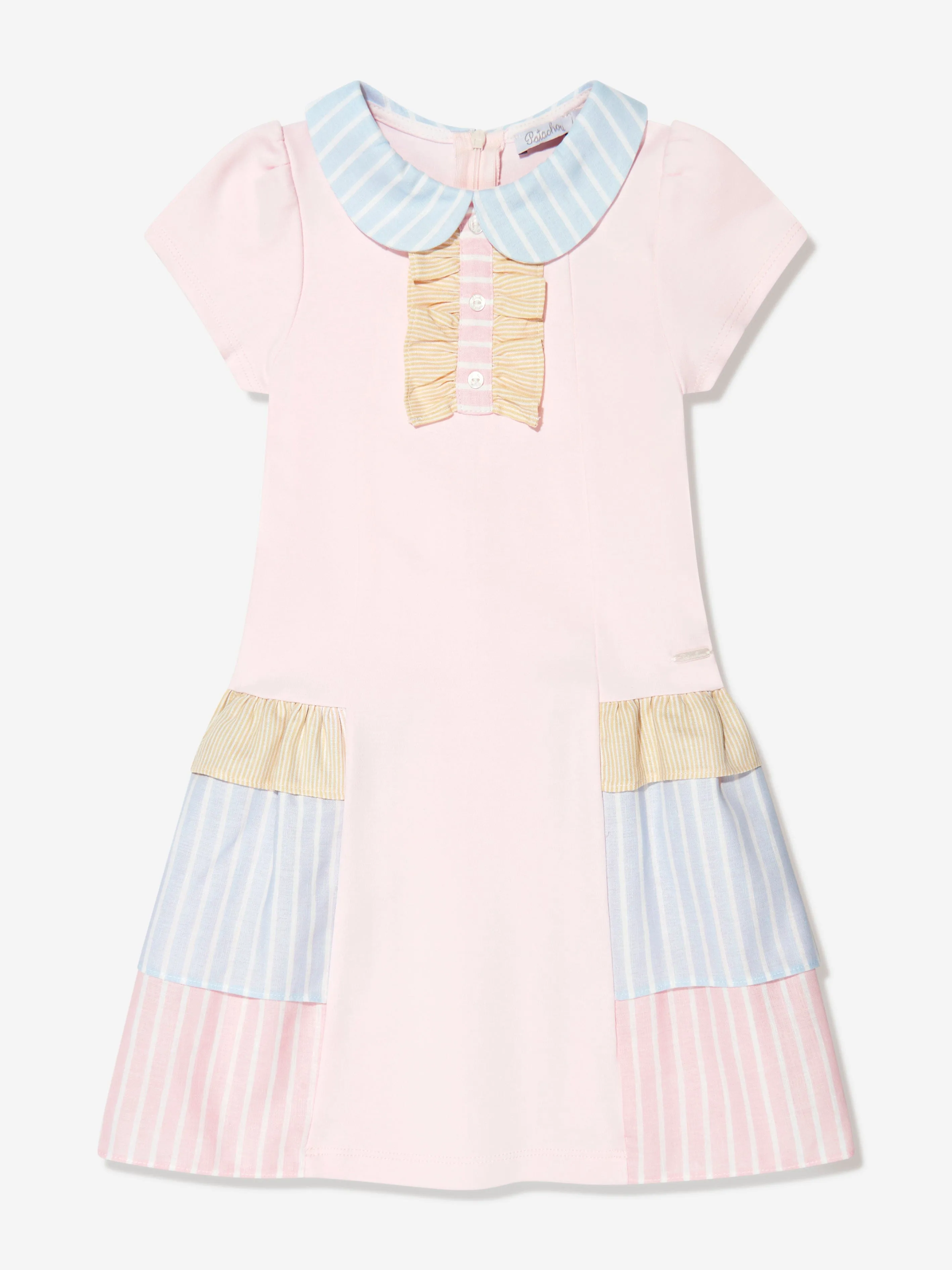 Patachou Girls Jersey Dress With Striped Trim in Pink