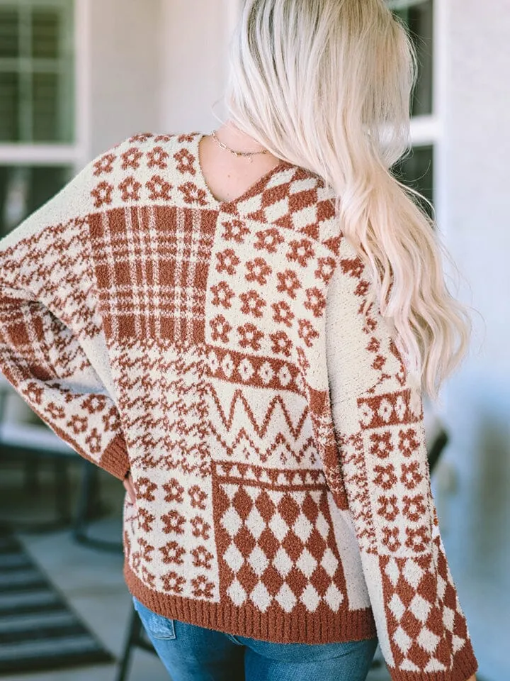 Pattern Block Brown and Cream V-Neck Long Sleeve Sweater