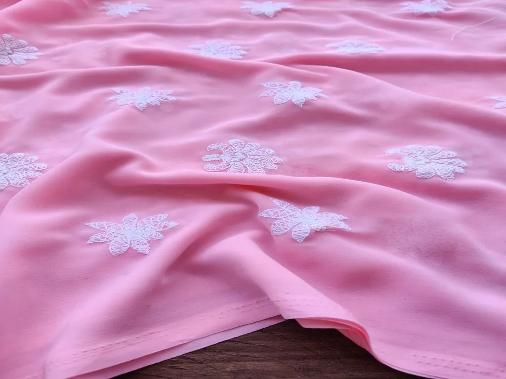 Peach White Chikankari Flowers Embroidered Georgette Fabric