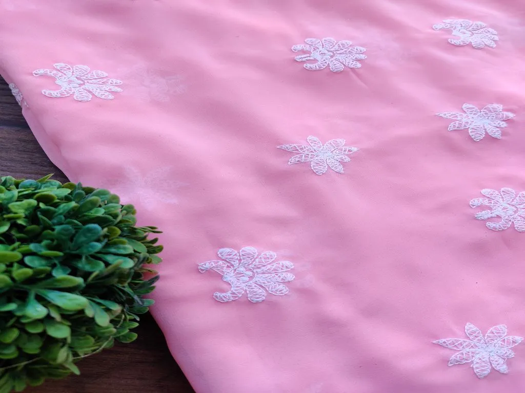 Peach White Chikankari Flowers Embroidered Georgette Fabric