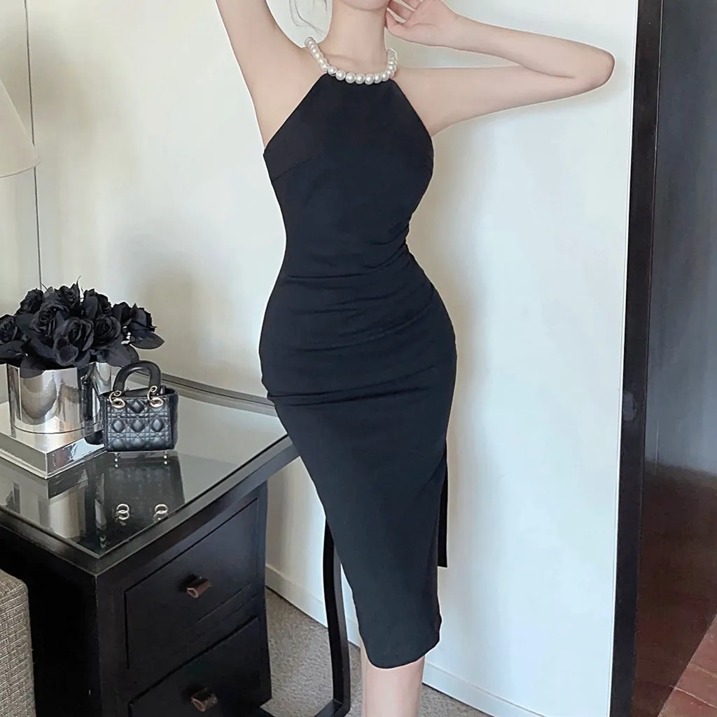 Pearl Chain Sleeveless Tank Top Slit Dress