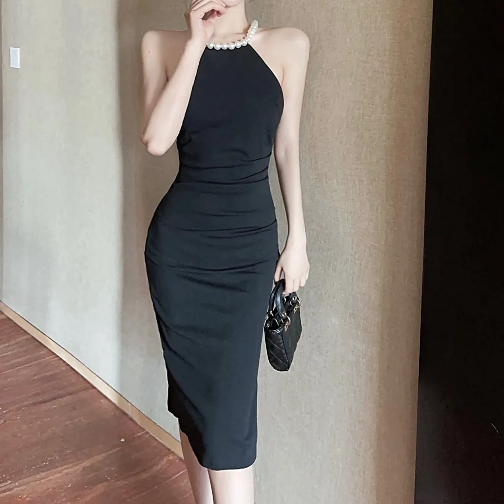 Pearl Chain Sleeveless Tank Top Slit Dress