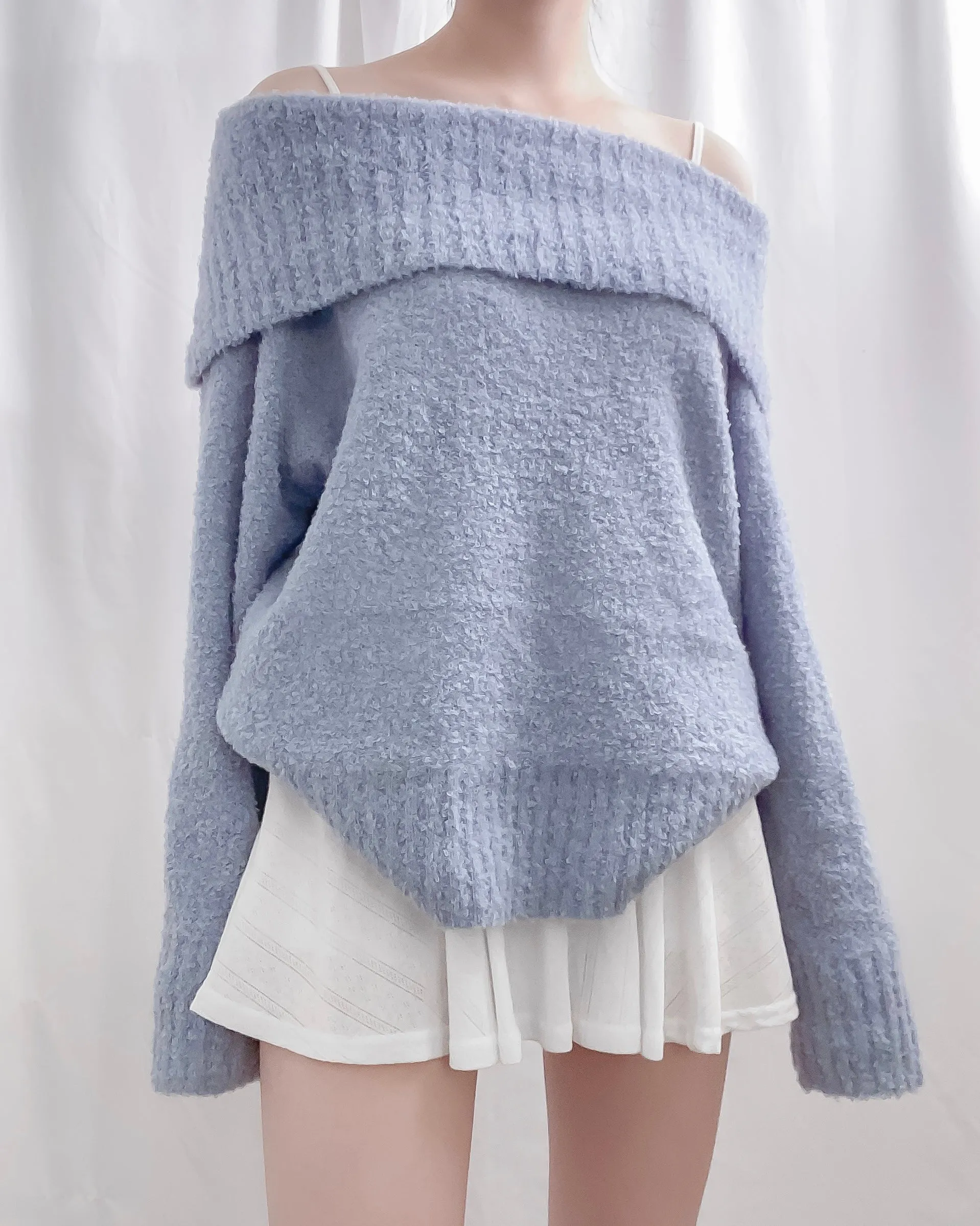 Perry Boucle Ribbed Fold Over Off-Shoulder Oversized Sweater