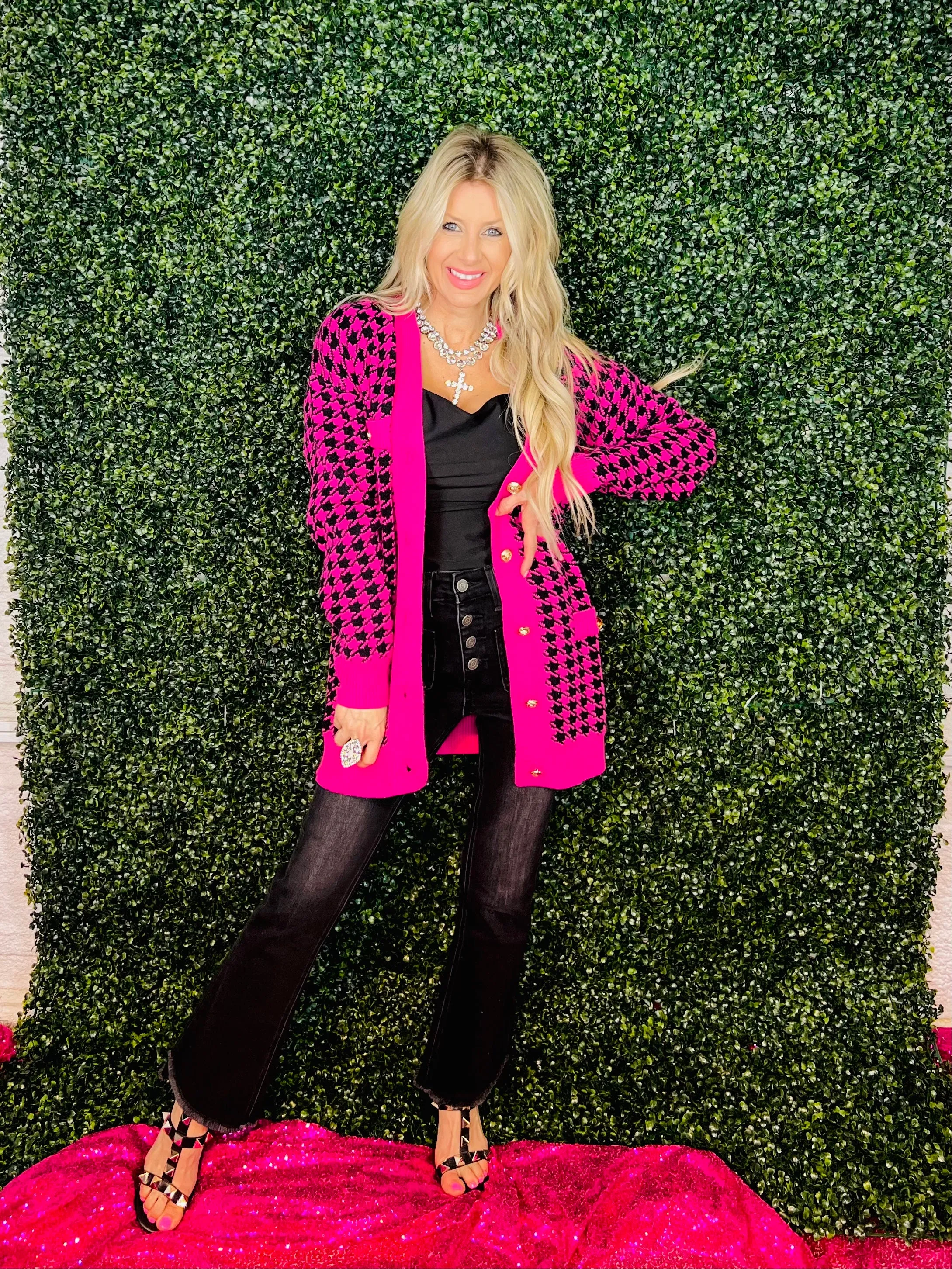Pink & Black Houndstooth Jacket/Cardigan