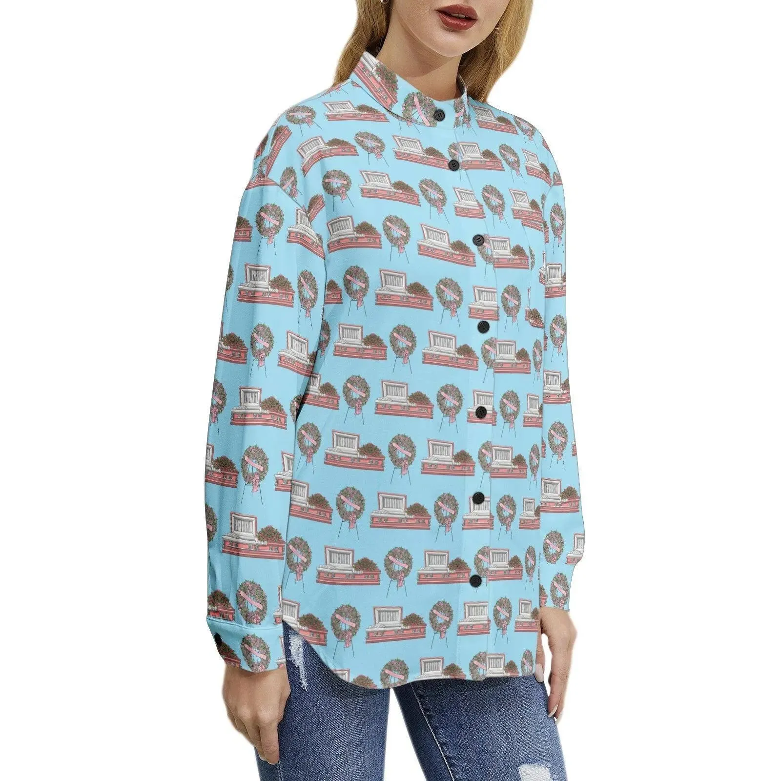 Pink Casket & Rose Easel on Light Blue - Long Sleeve Blouse