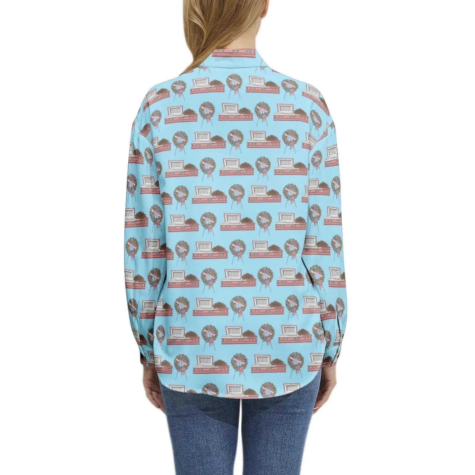 Pink Casket & Rose Easel on Light Blue - Long Sleeve Blouse