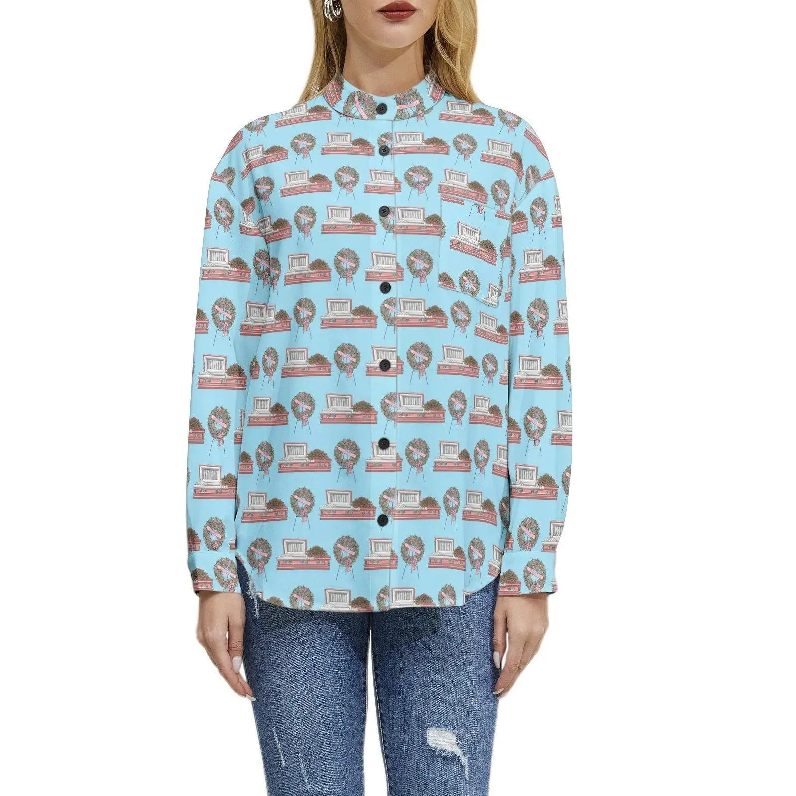 Pink Casket & Rose Easel on Light Blue - Long Sleeve Blouse