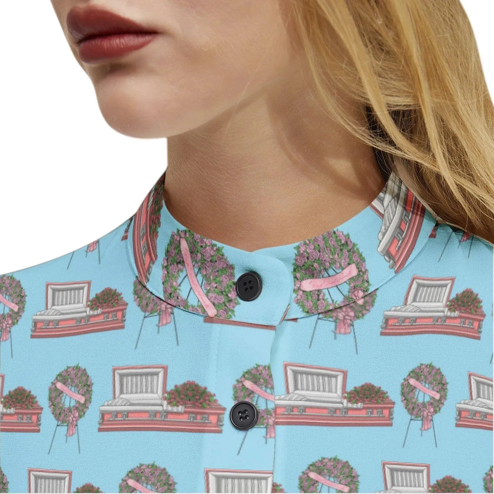 Pink Casket & Rose Easel on Light Blue - Long Sleeve Blouse