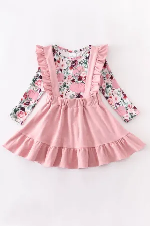 Pink floral  suspender skirt set