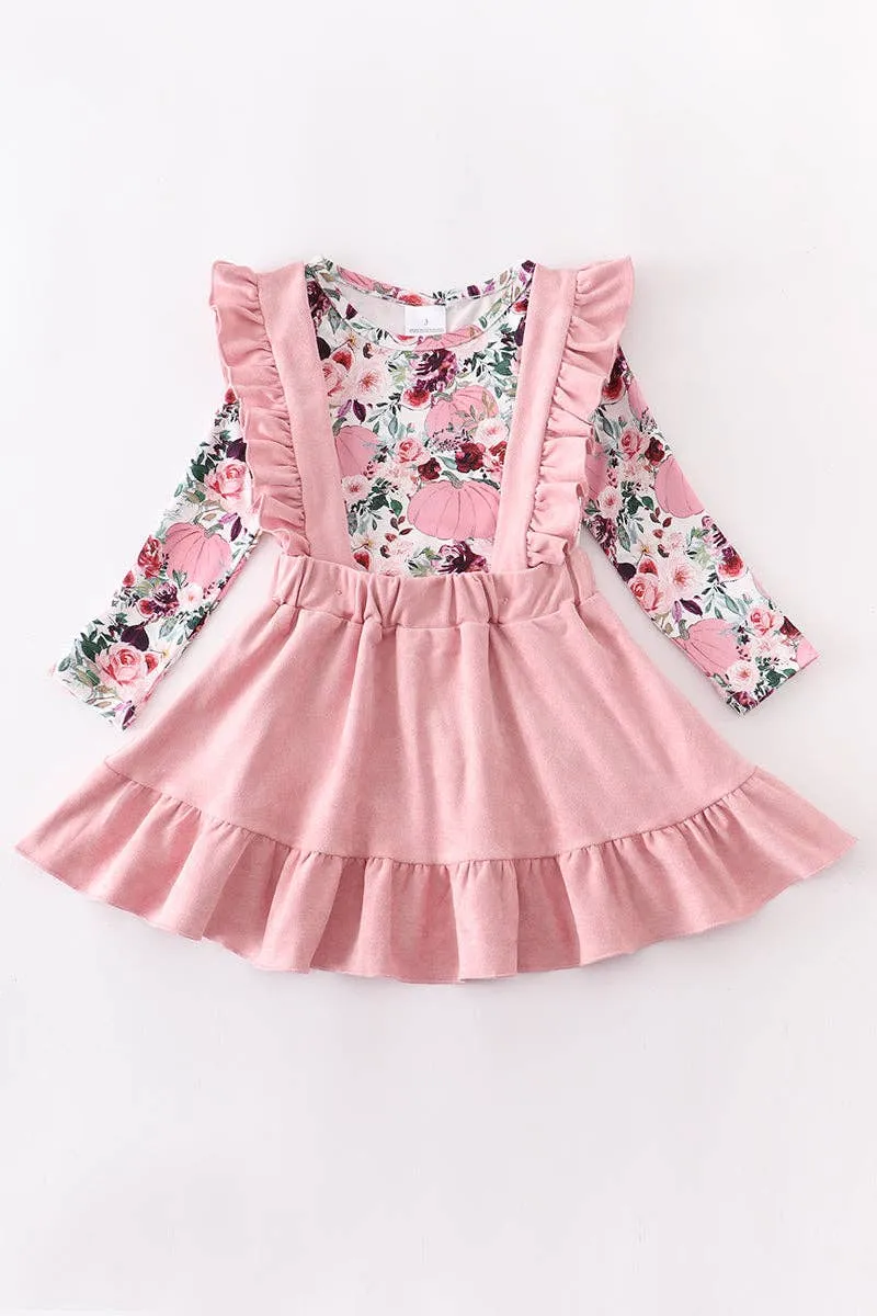 Pink floral  suspender skirt set