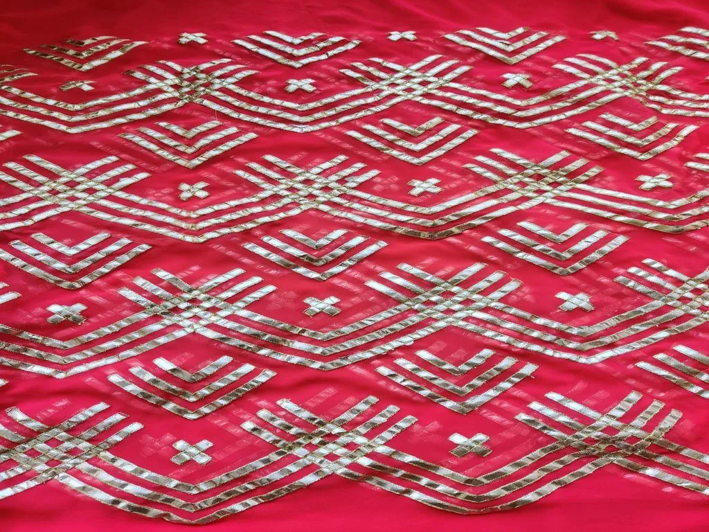 Pink Golden Gota Patti Geometric Embroidered Georgette Fabric