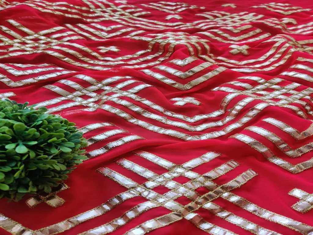 Pink Golden Gota Patti Geometric Embroidered Georgette Fabric