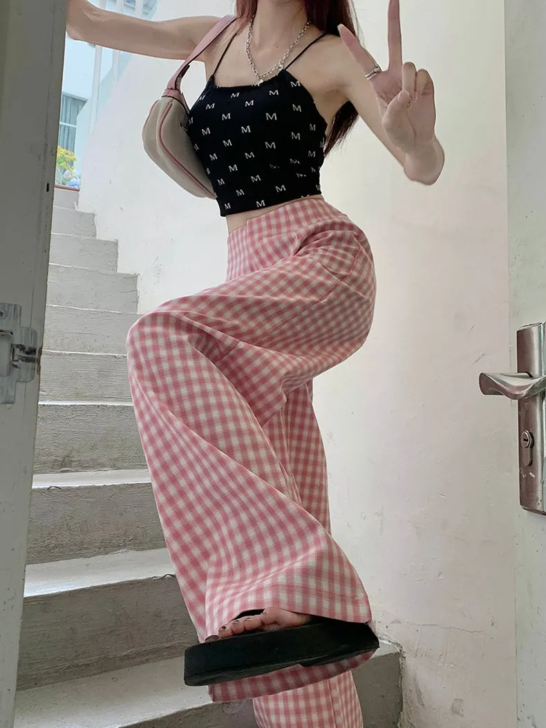 Pink Plaid High Waist Loose Straight Tube Wide Leg Trousers Casual Pants