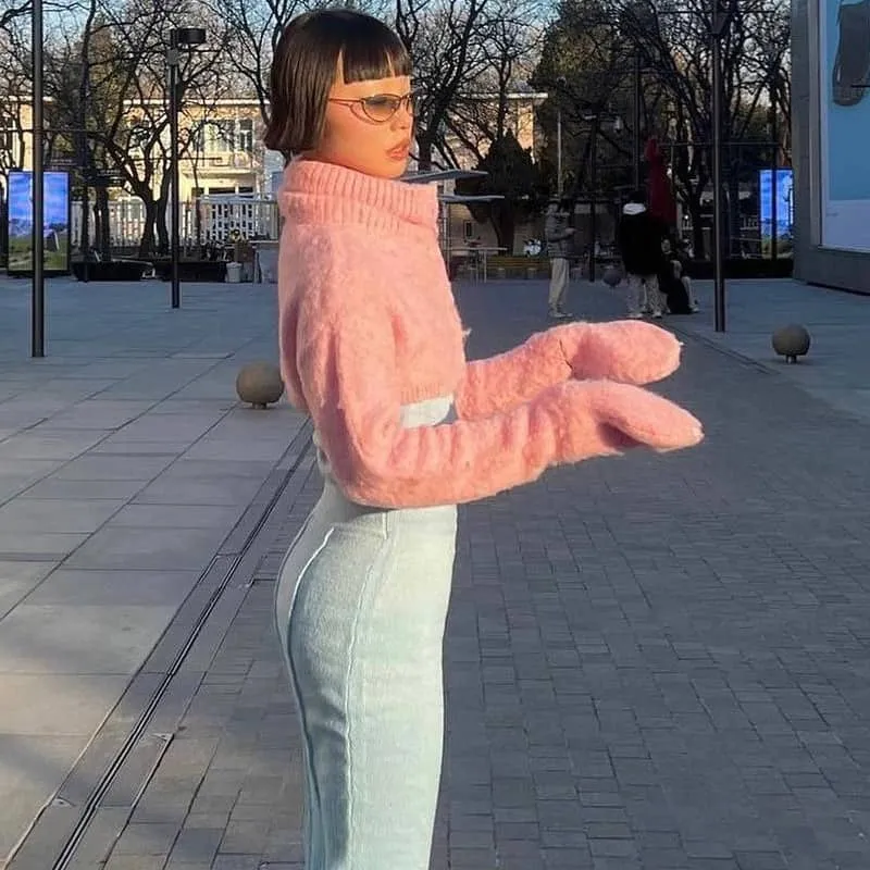 Pink Short Crop Top Turtleneck Sweater