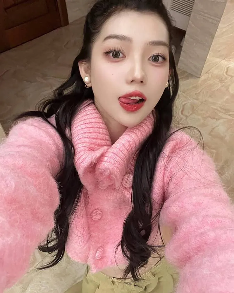 Pink Short Crop Top Turtleneck Sweater
