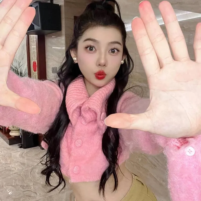 Pink Short Crop Top Turtleneck Sweater