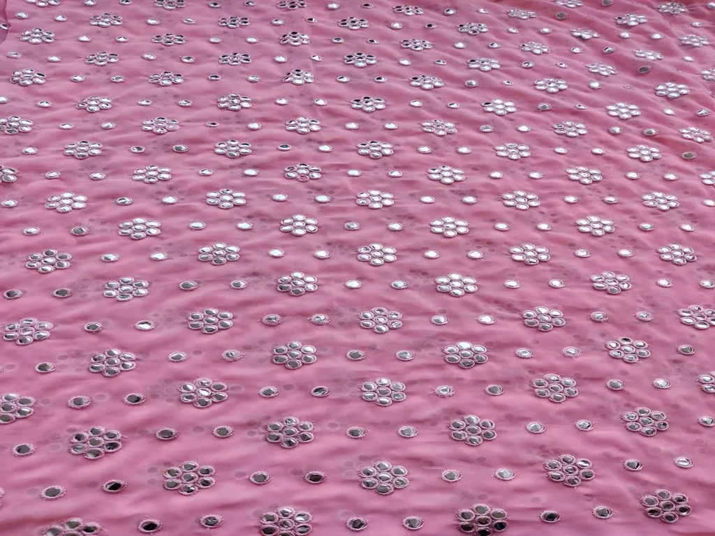 Pink Silver faux Mirror Work Floral Motifs Embroidered Georgette Fabric