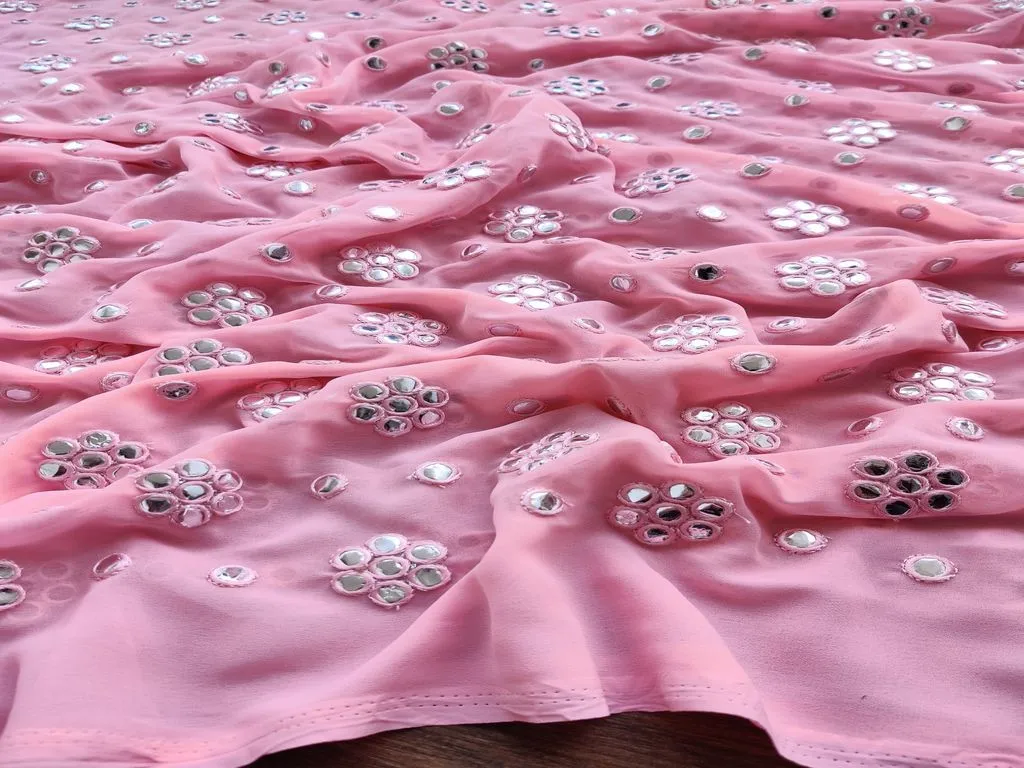 Pink Silver faux Mirror Work Floral Motifs Embroidered Georgette Fabric