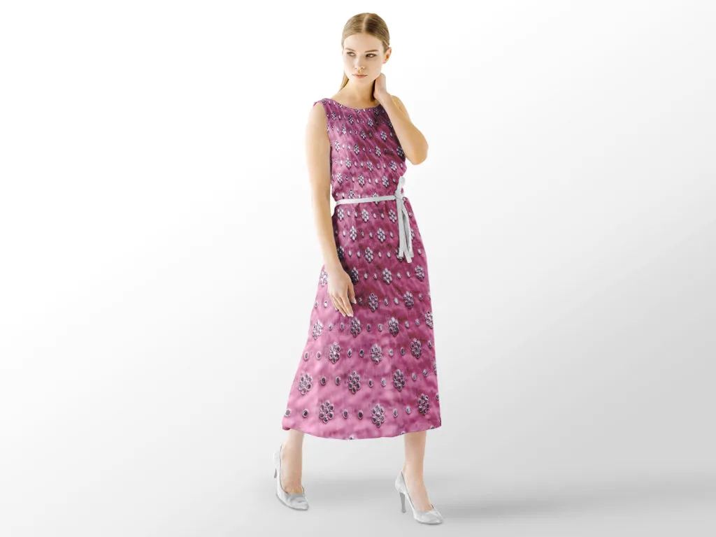 Pink Silver faux Mirror Work Floral Motifs Embroidered Georgette Fabric