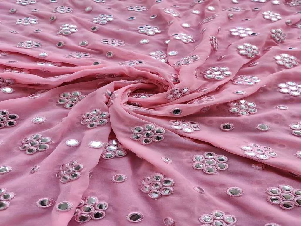 Pink Silver faux Mirror Work Floral Motifs Embroidered Georgette Fabric