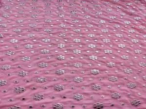 Pink Silver faux Mirror Work Floral Motifs Embroidered Georgette Fabric