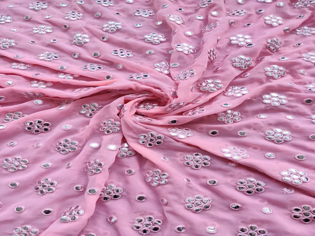 Pink Silver faux Mirror Work Floral Motifs Embroidered Georgette Fabric