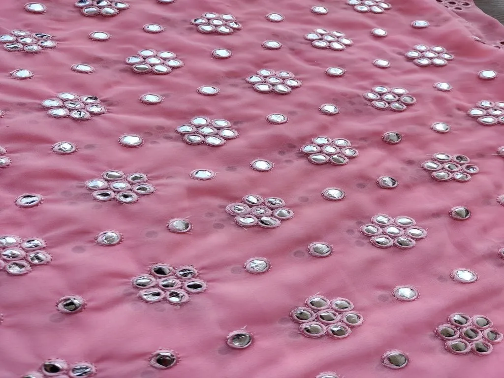 Pink Silver faux Mirror Work Floral Motifs Embroidered Georgette Fabric