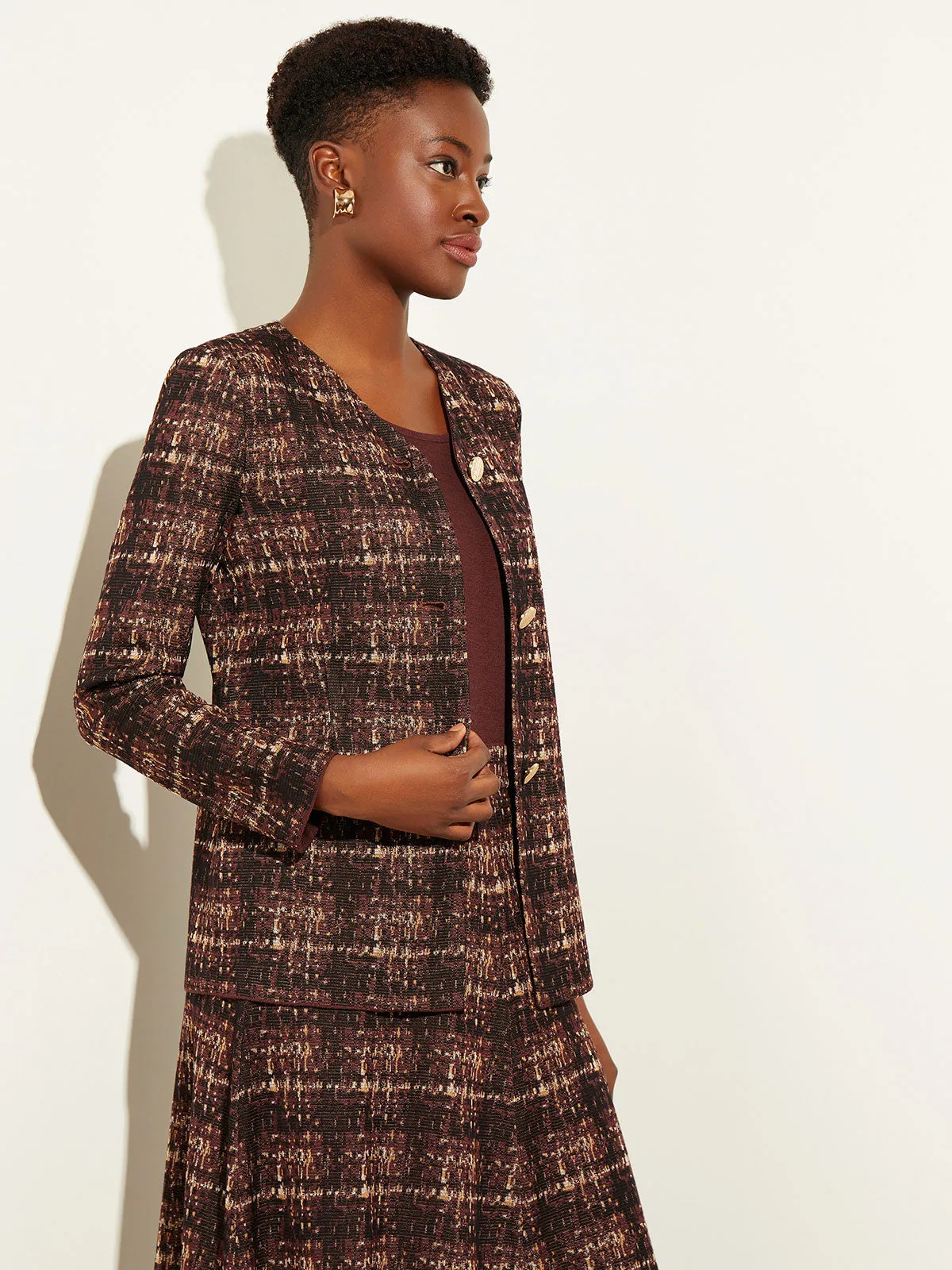 Plaid Button-Front Knit Jacket