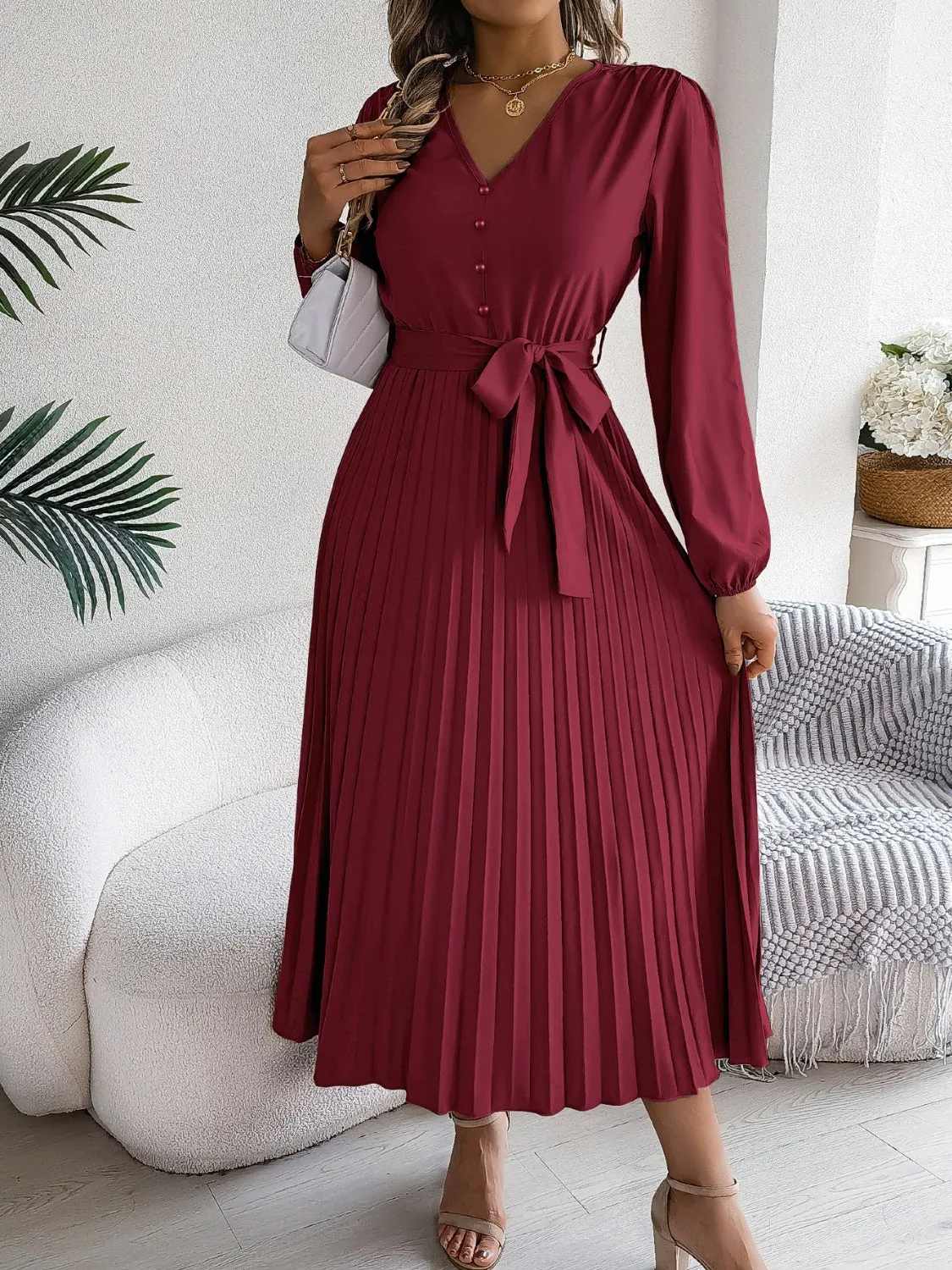 Pleated Tied V-Neck Long Sleeve Dress | Fall Fashion