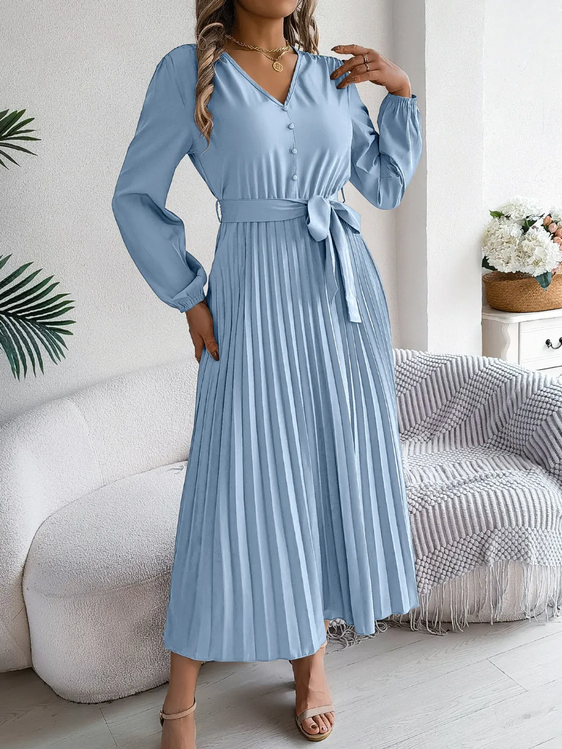 Pleated Tied V-Neck Long Sleeve Dress | Fall Fashion