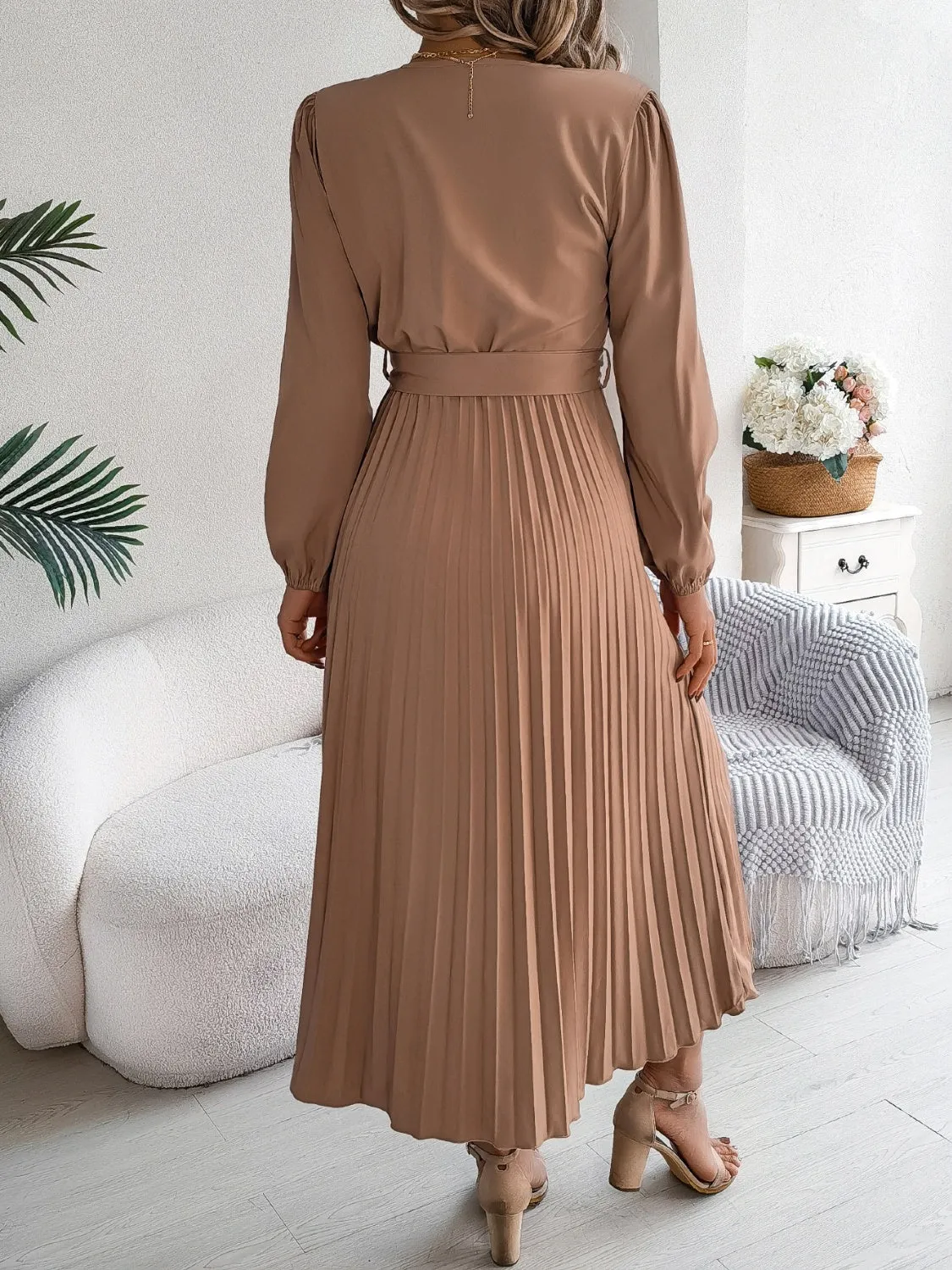 Pleated Tied V-Neck Long Sleeve Dress | Fall Fashion