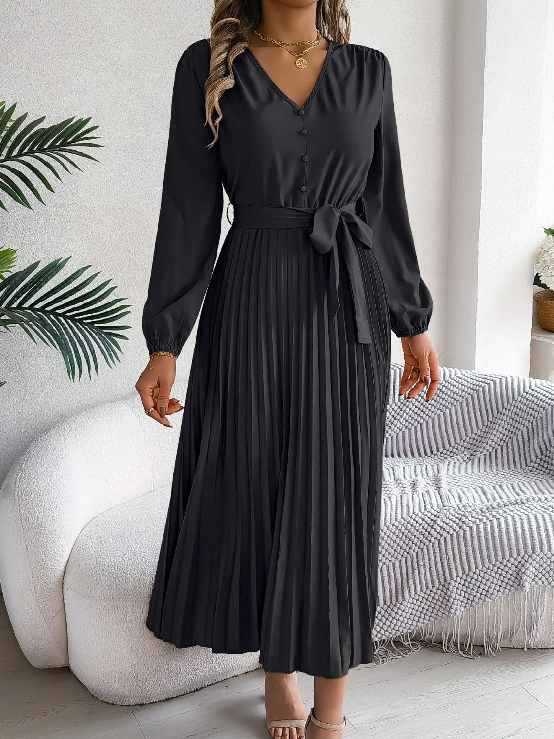 Pleated Tied V-Neck Long Sleeve Dress | Fall Fashion