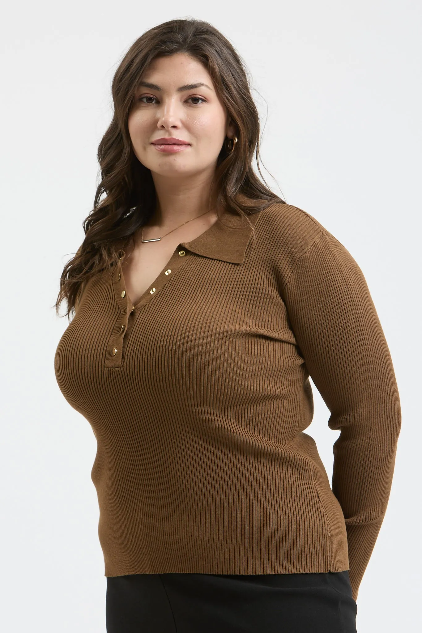 PLUS COLLARED GOLD SNAP BUTTON LONG SLEEVE SWEATER
