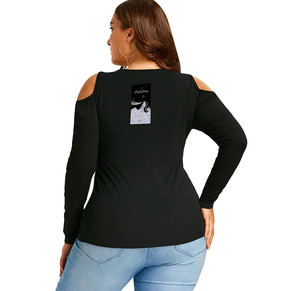 Plus Size Lace Up Cold Shoulder T-shirt 9575