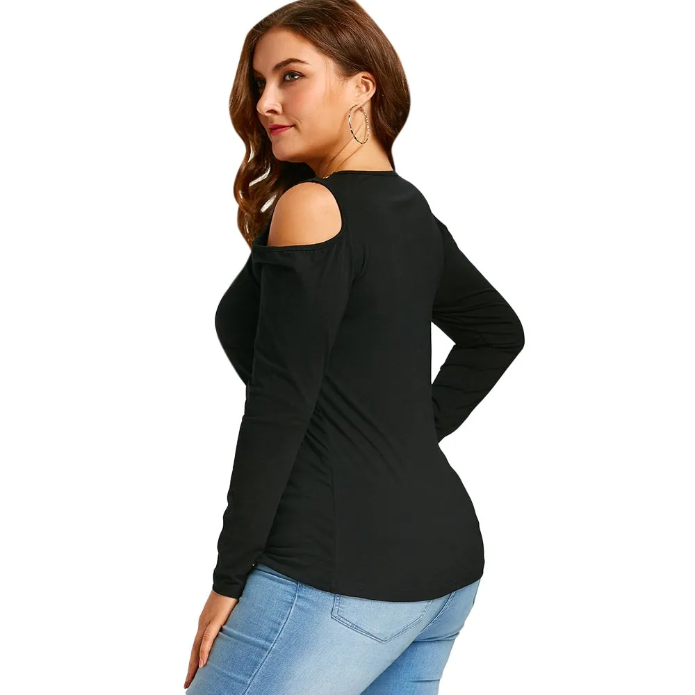 Plus Size Lace Up Cold Shoulder T-shirt 9575