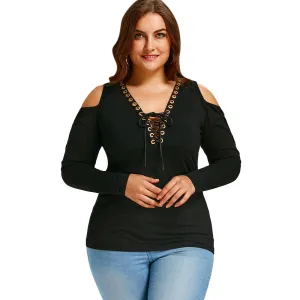 Plus Size Lace Up Cold Shoulder T-shirt 9575
