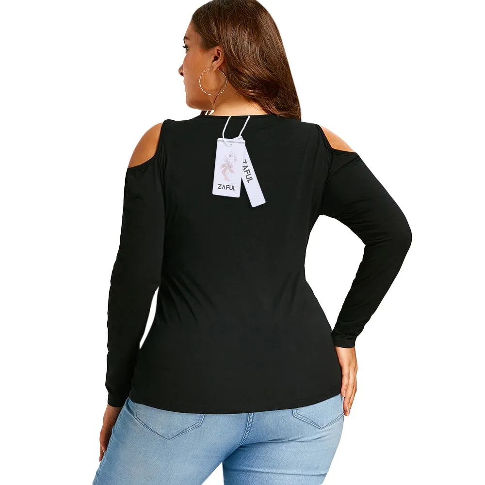 Plus Size Lace Up Cold Shoulder T-shirt 9575