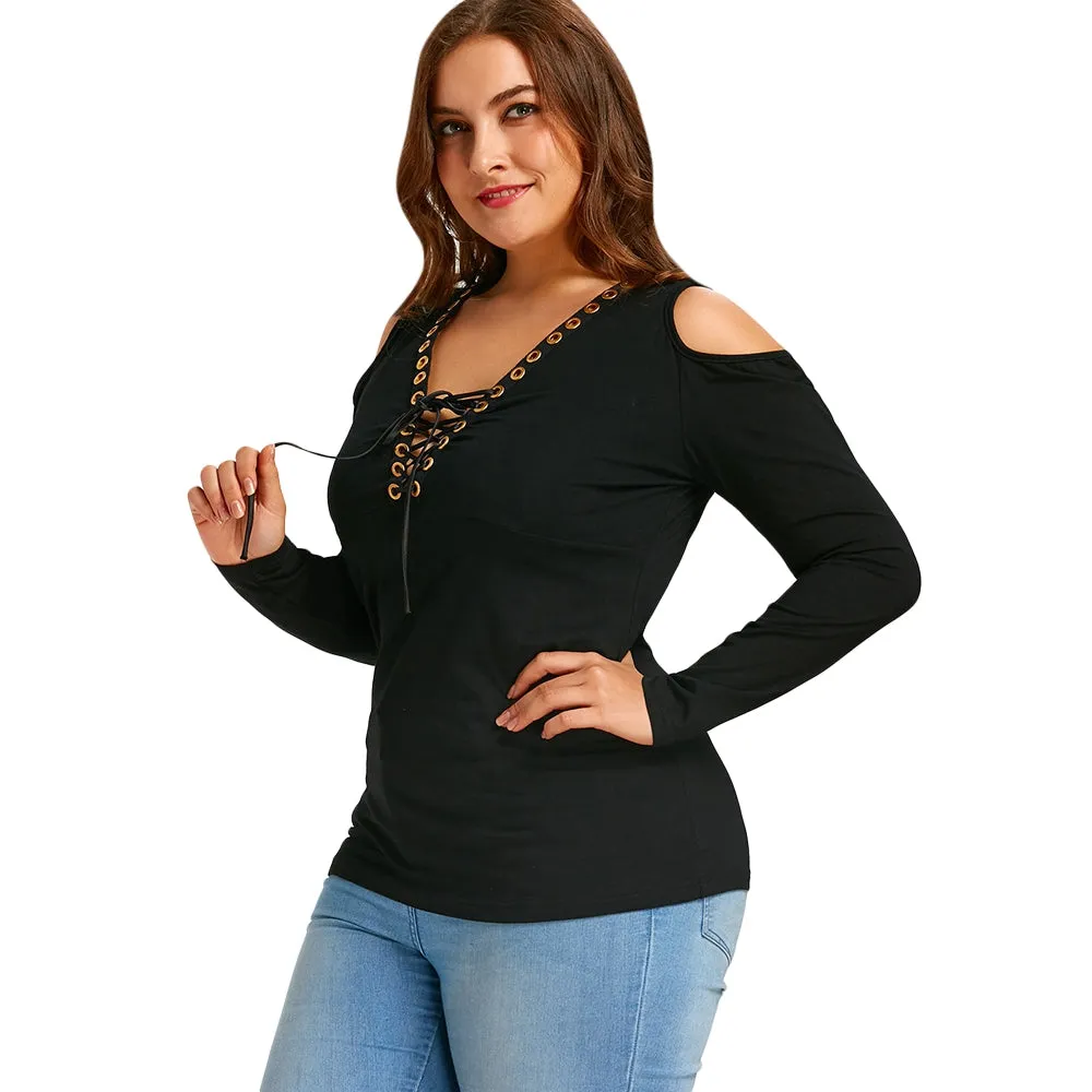 Plus Size Lace Up Cold Shoulder T-shirt 9575