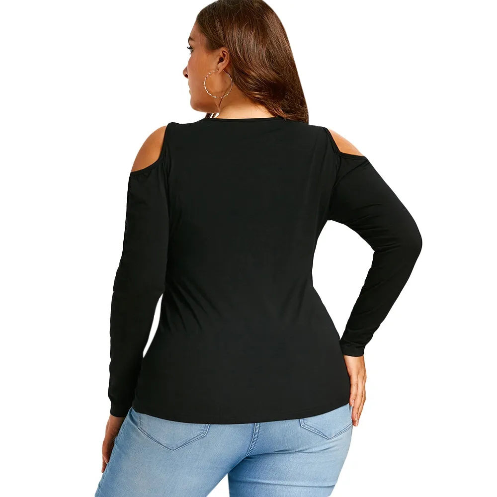 Plus Size Lace Up Cold Shoulder T-shirt 9575