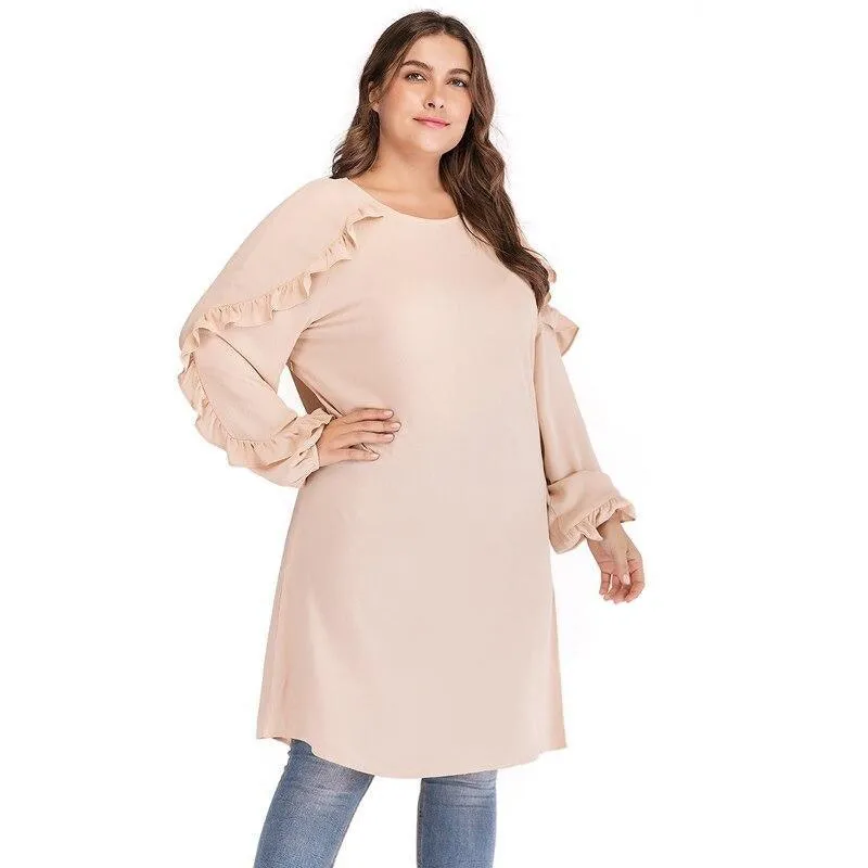 Plus Size O-Neck Long Sleeve Ruffles Blouse Shirt