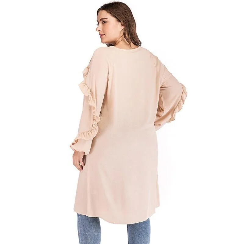 Plus Size O-Neck Long Sleeve Ruffles Blouse Shirt