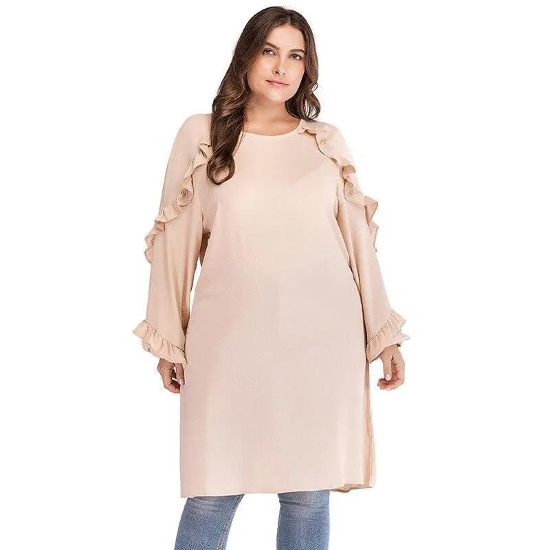 Plus Size O-Neck Long Sleeve Ruffles Blouse Shirt