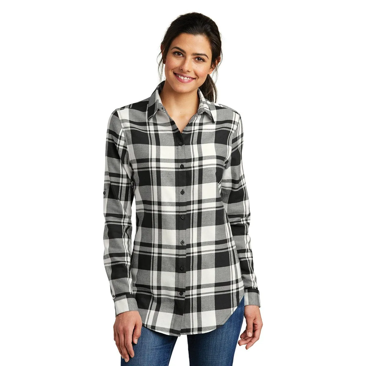 Port Authority Women's Snow White/Black Plaid Flannel Tunic